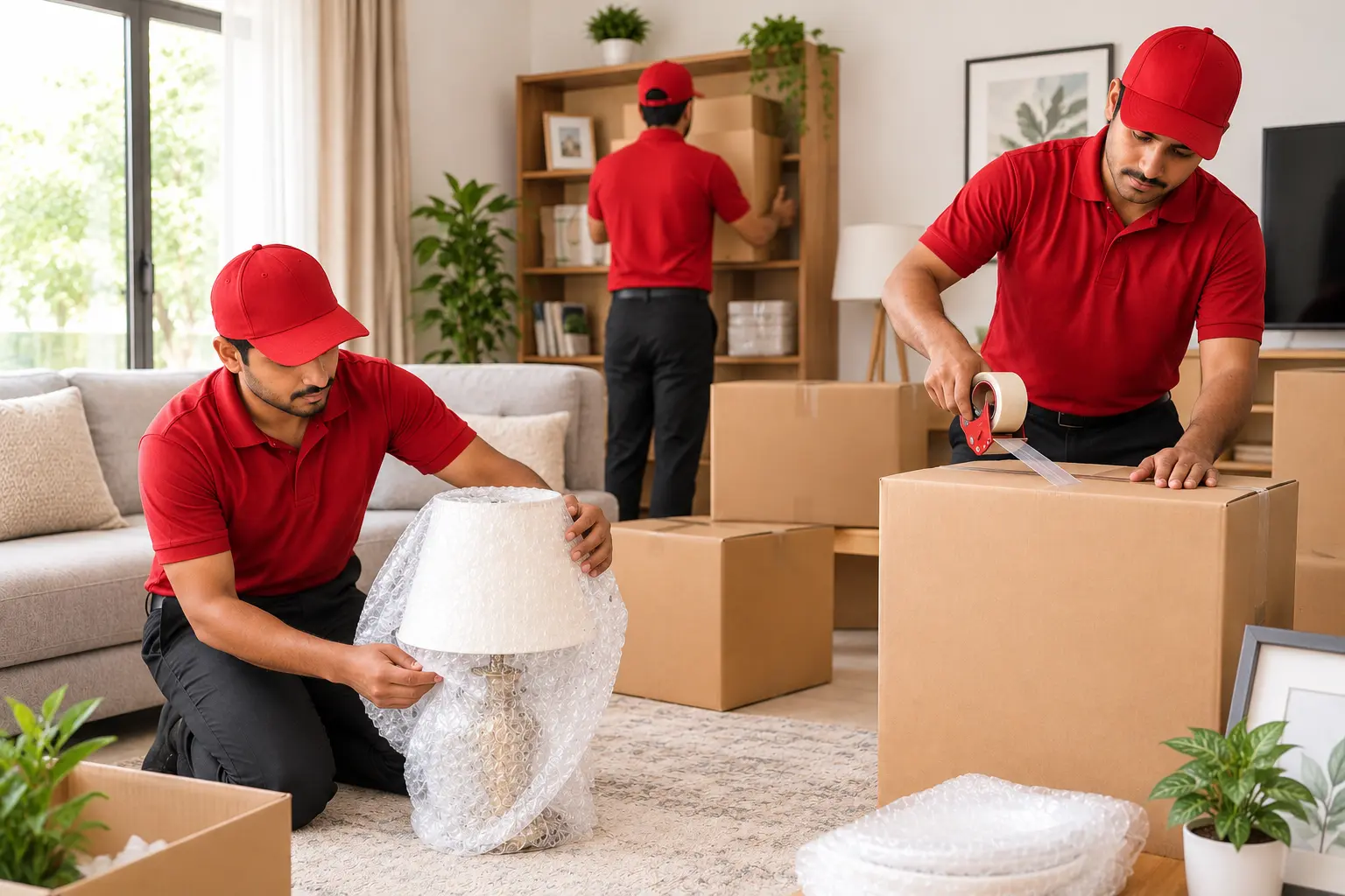 Professional movers packing household belongings
